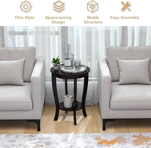 Miniatura 5 de KOTEK Mesa auxiliar redonda de 2 niveles, mesa auxiliar con estante de almacenamiento, mesita de noche moderna con patas de madera de goma maciza,