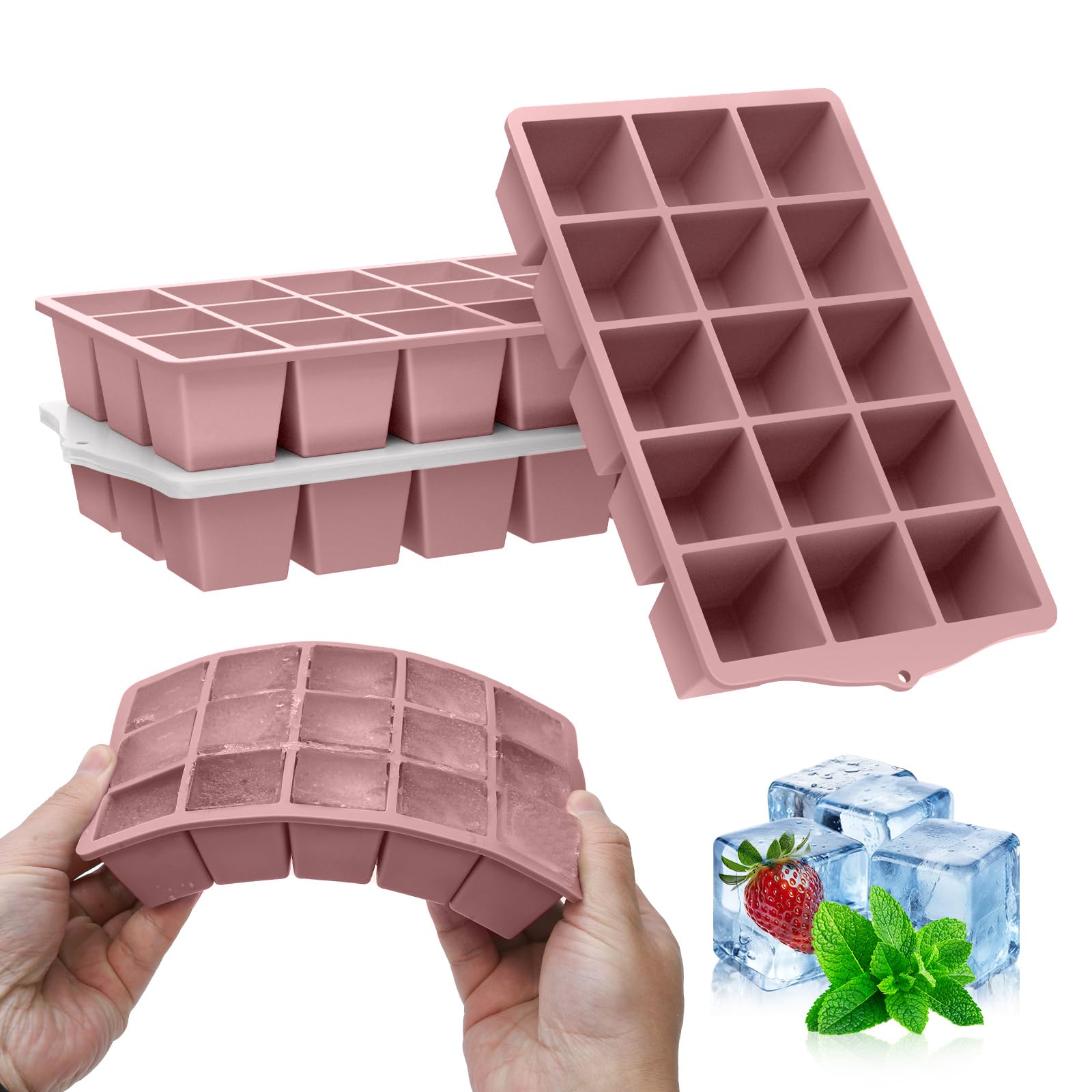 ZUIMENG Silicone Ice Cube Tray with Lid, 15 Square Molds Stackable Dishwasher Easy Release & BPA Free, Ice Cube Molds for Cocktail, Whiskey, Coffee (Pink, 4 Packs)