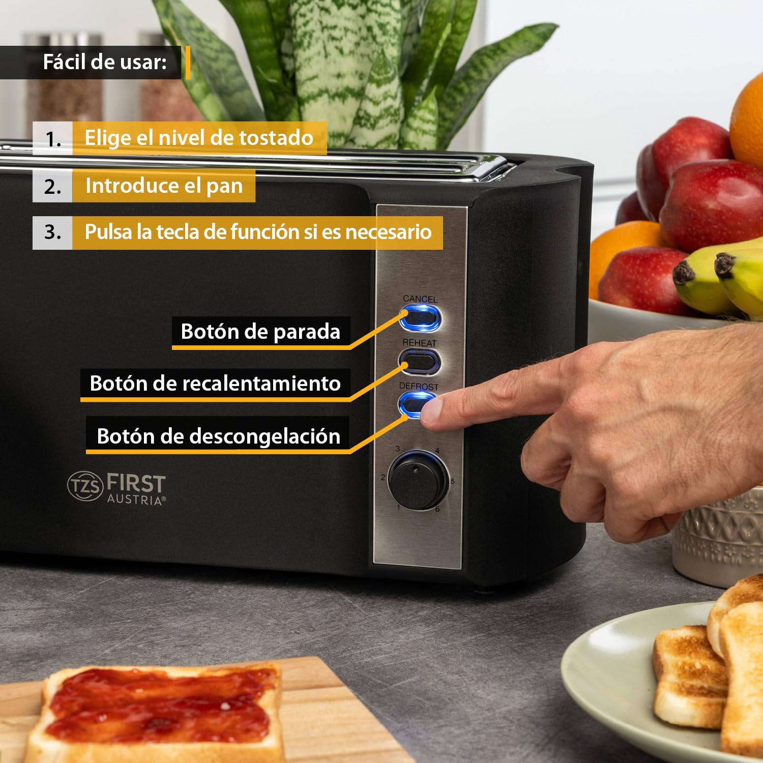 TZS First Austria - Tostadora de ranura larga acero inoxidable 4 rebanadas - Con accesorio panecillos y bandeja de migas - 6 niveles de tostado, función descongelar, 1500W, negro mate
