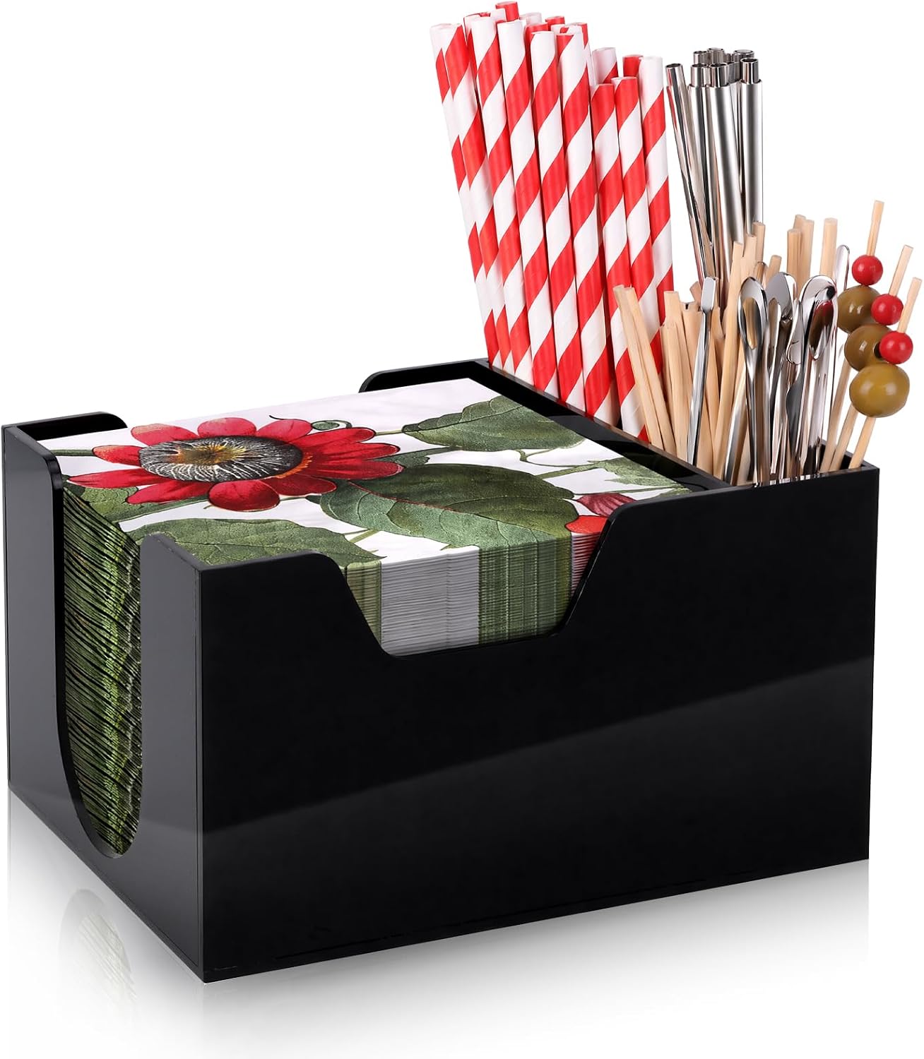 Bar Napkin Holder Caddy for 5x5 with 2 Compartments Acrylic Bar Caddy Napkin & Straw Holder Black Cocktail Napkin Holder Bar Organizer Holds Napkins Straws Toothpicks for Coffee Bar 7 x 5.5 × 4 Inch