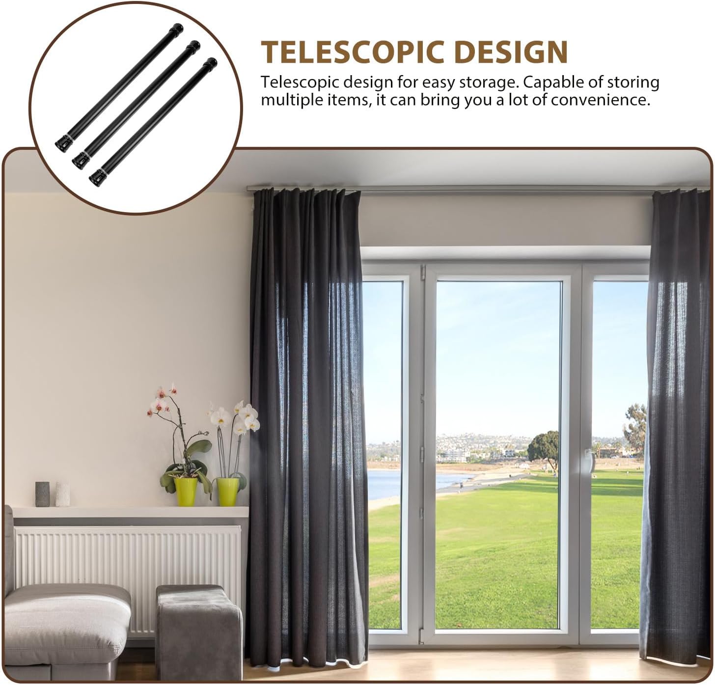 3pcs Spring Tension Curtain Rods, Adjustable 45-70cm, Punch-free Indoor and Outdoor Curtain Poles, Black Sturdy Window Rods for Home and Bathroom Use