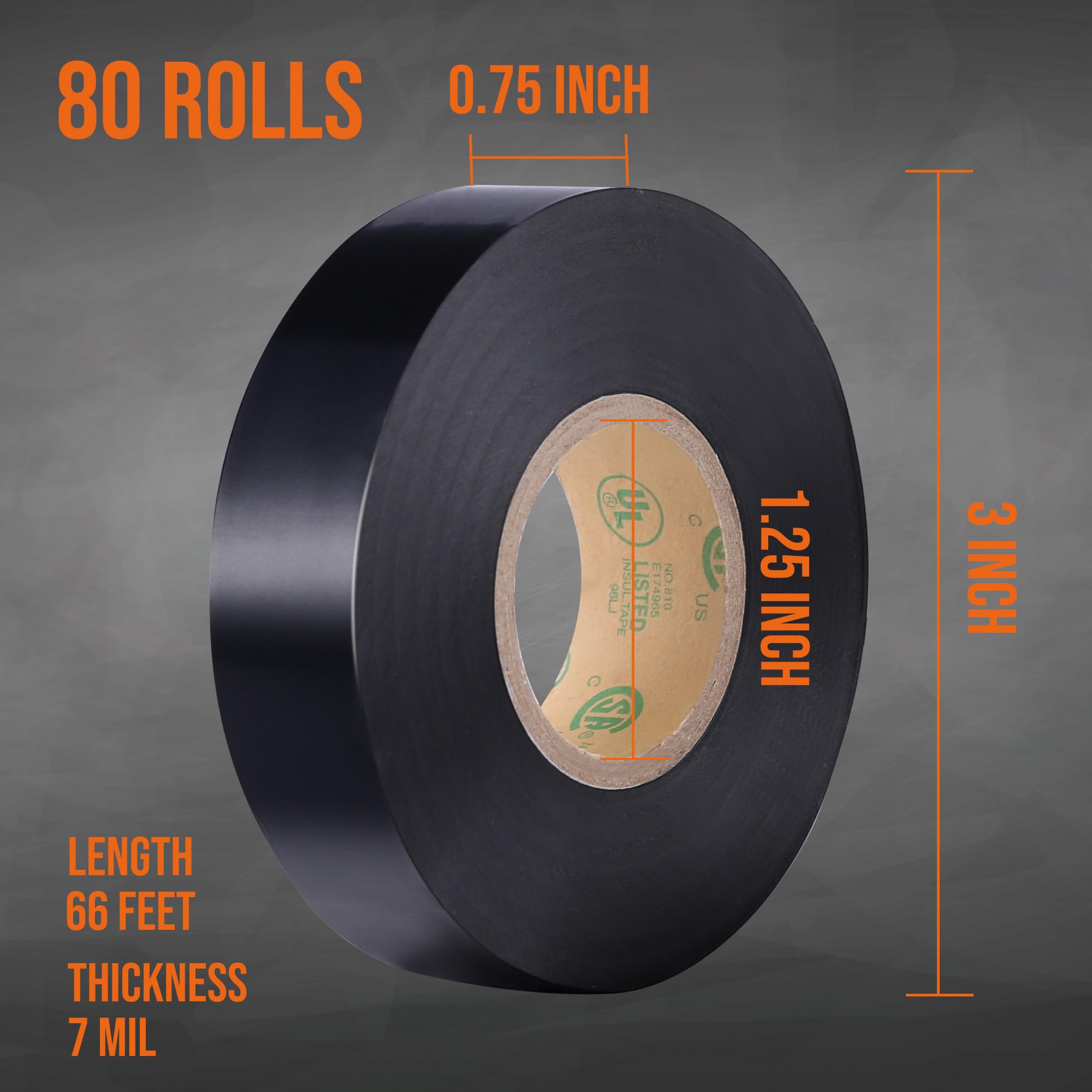 Lichamp Paquete de 80 cintas eléctricas negras impermeables, 3/4 pulgadas x 66 pies, grado industrial, certificación UL/CSA, cinta eléctrica de alta temperatura, supervinilo eléctrico