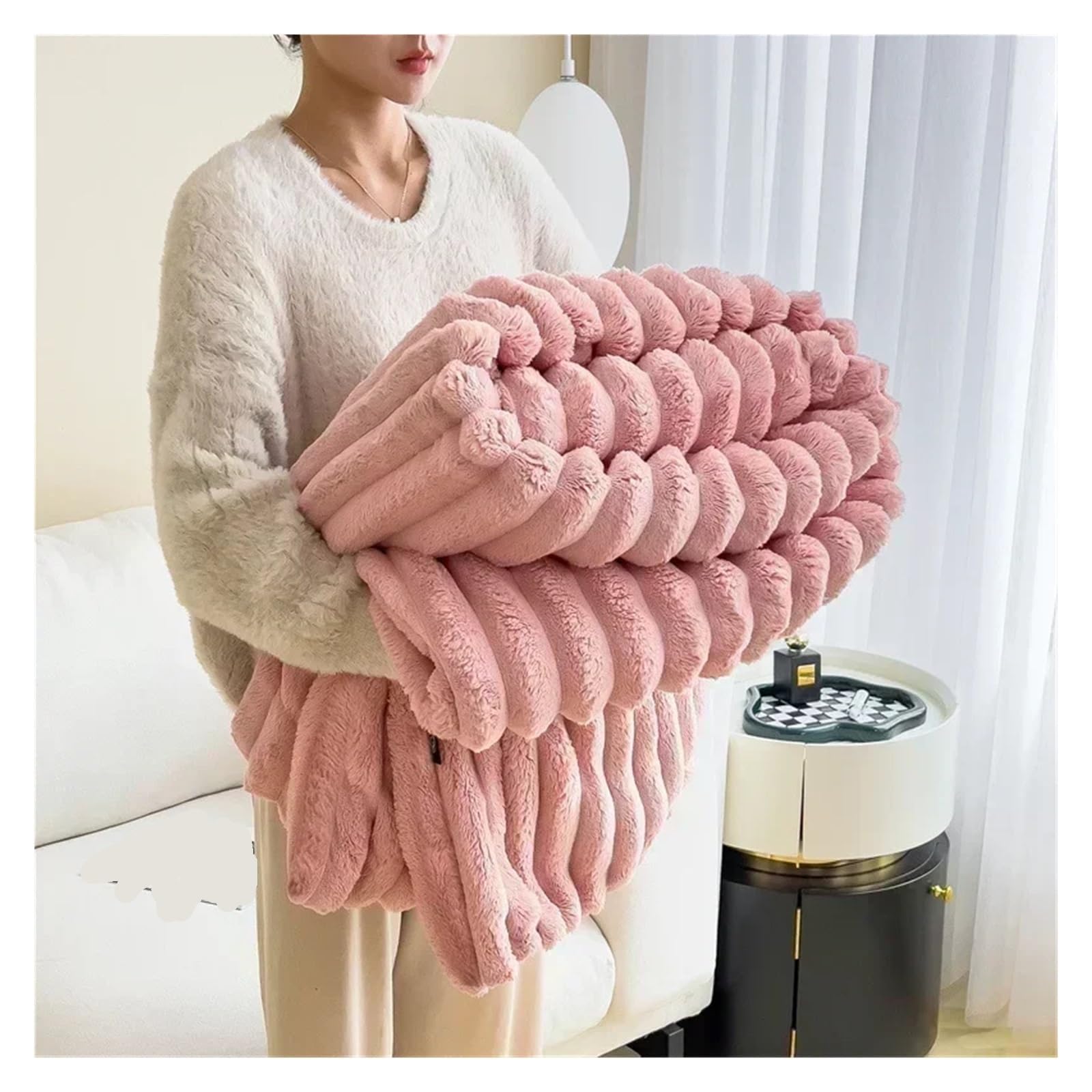 Jete De Canape Couverture en Fourrure Douce Moelleuse Et Chaude Couleur Unie en Peluche Couvre Canapé(Pink,200x230cm 3 pcs Set)