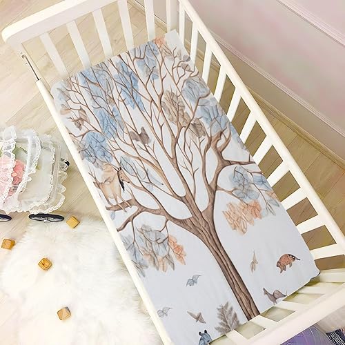 Miniatura 6 de Kigai Sábana bajera ajustable para cuna para niños y niñas, diseño de árbol de animales, suave, transpirable, unisex, para colchones estándar de