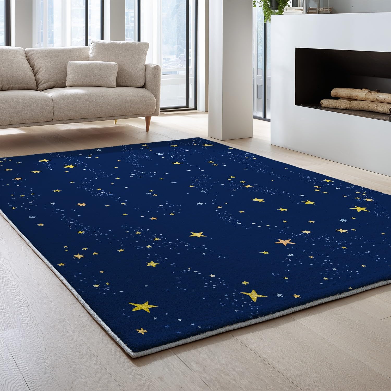 Genérico Alfombras de Pelo Corto 80 x 150 cm, Libro ilustrado Infantil Alfombras mullidas Estrellitas Sereno, Alfombra Niños Cielo Nocturno, Azul Amarillo
