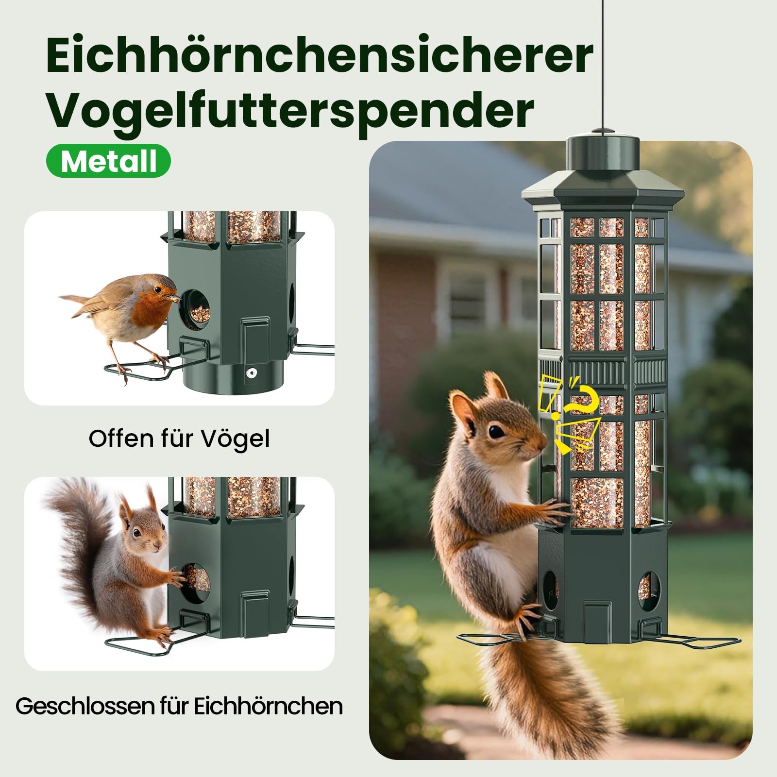Eichhörnchensicherer Vogelfutterspender aus Metall zum Aufhängen – Vogelfutterstation mit Gewichtsmechanik, 3 Futteröffnungen, 3L Fassungsvermögen, wetterfest