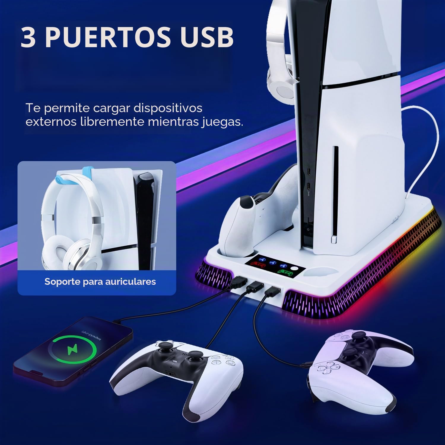 Soporte para PS5 / Slim / PS5 Pro, estación de RGB de refrigeración con Carga de Doble Mando, Ventilador de refrigeración de 3 velocidades con Auriculares y 3 Puertos USB - Blanco