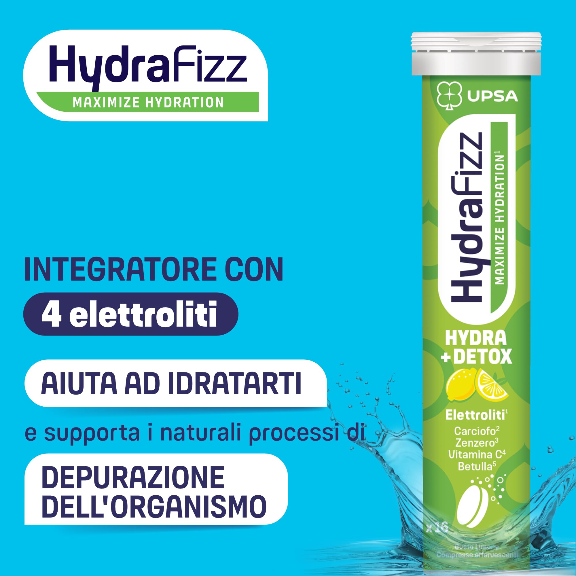 UPSA Hydrafizz Detox, 16 Compresse Effervescenti, Integratore Alimentare con Elettroliti, Carciofo e Zenzero, Gusto Limone, Idratazione e Depurazione, aiuta a ridurre Stanchezza