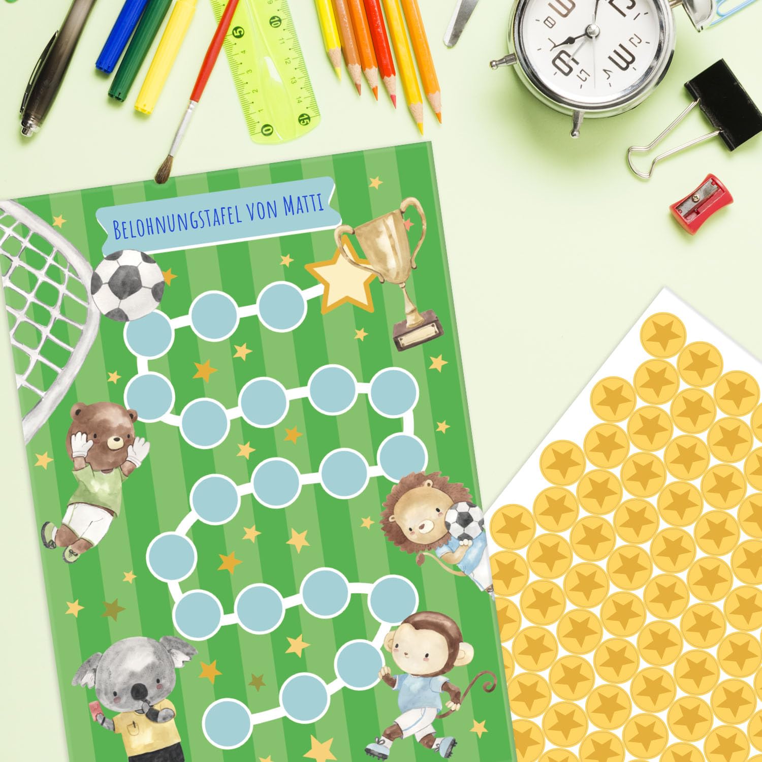 Set di 10 tabelle delle ricompense Calcio con adesivi a forma di stella per bambini