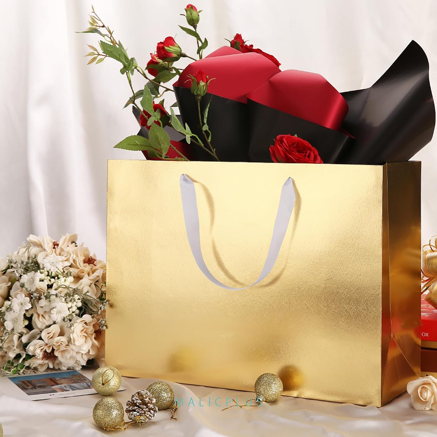 12 Extra Large Gift Bags 16x6x12 Inches, Luxury Gold Large Gift Bags with Handles for Thanksgiving Day and All Occasions (Gold with Grass Texture) - Image 3