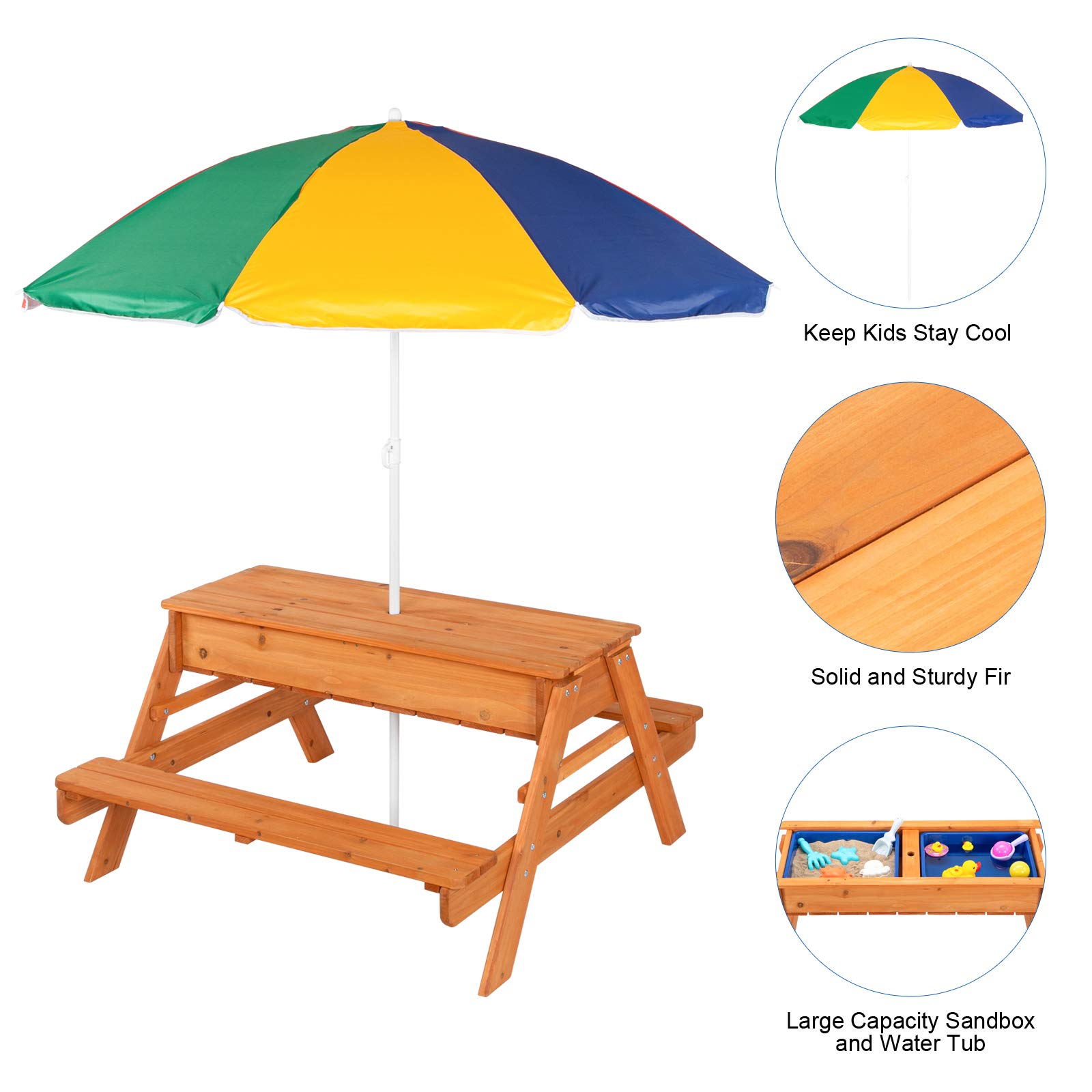 JOYMOR 3 in 1 Kids Picnic Table with Umbrella and 2 Play Boxes, Sand