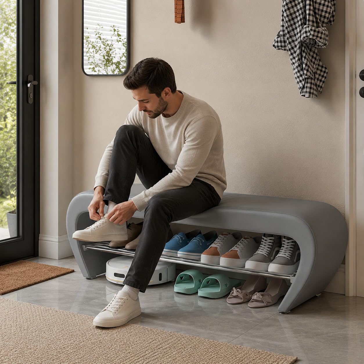 Storage Ottoman Bench with Cushion, Modern Simple Shoe Changing Stool