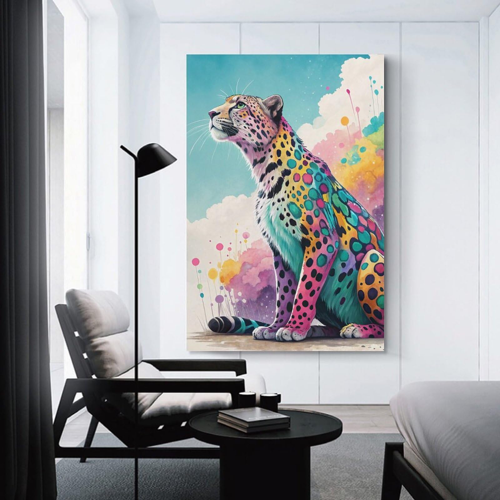 Junmoney Colorful Jaguar in A Dreamy Sky Hanging Wall Art, 24x36inch(60x90cm), for Bedroom, Guest Room Or Reading Nook, Home Artwork with A Soft Interior Feel
