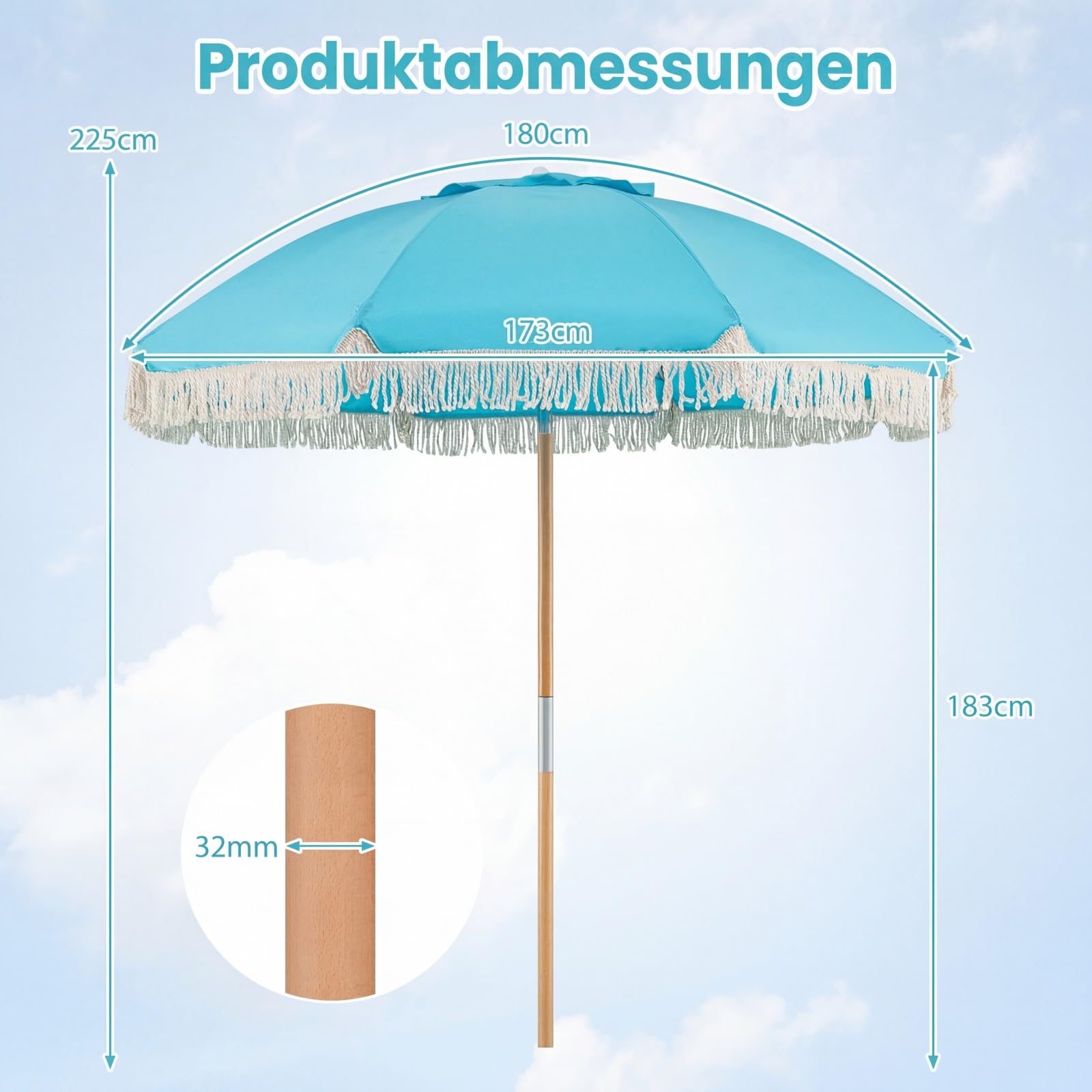 COSTWAY Sonnenschirm Boho, 170 cm Gartenschirm aus Holz, beidseitig um 30° knickbar, Balkonschirm mit Fransen, Terrassenschirm, Marktschirm für Garten, Balkon, Terrasse (Blau)