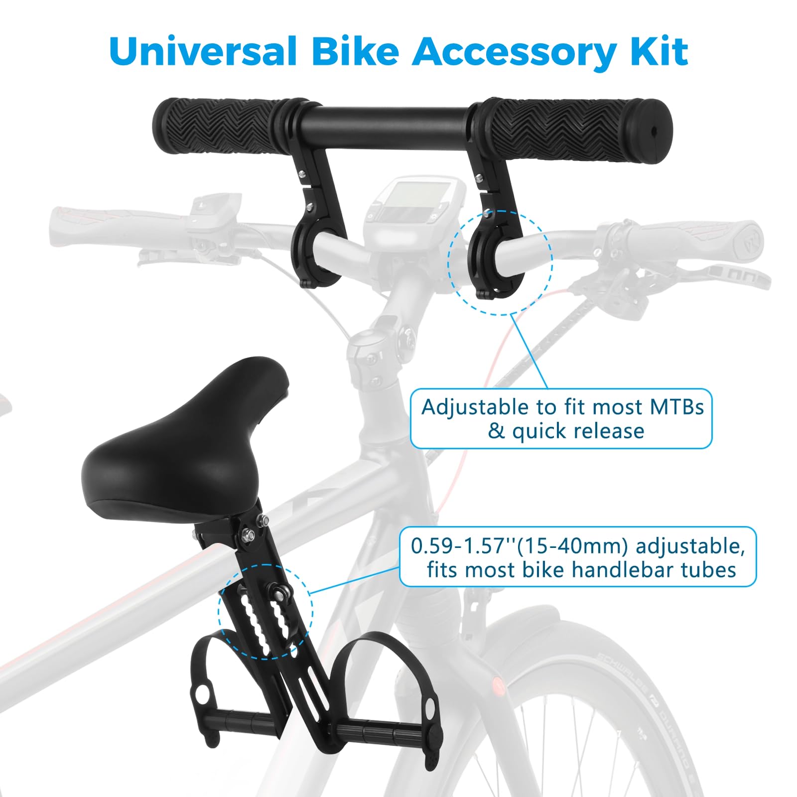 Siège de vélo pour enfant avec pédales et guidon, kit de siège de vélo pour enfants de 2 à 5 ans, compatible avec tous les VTT, kit de siège de vélo parent-enfant