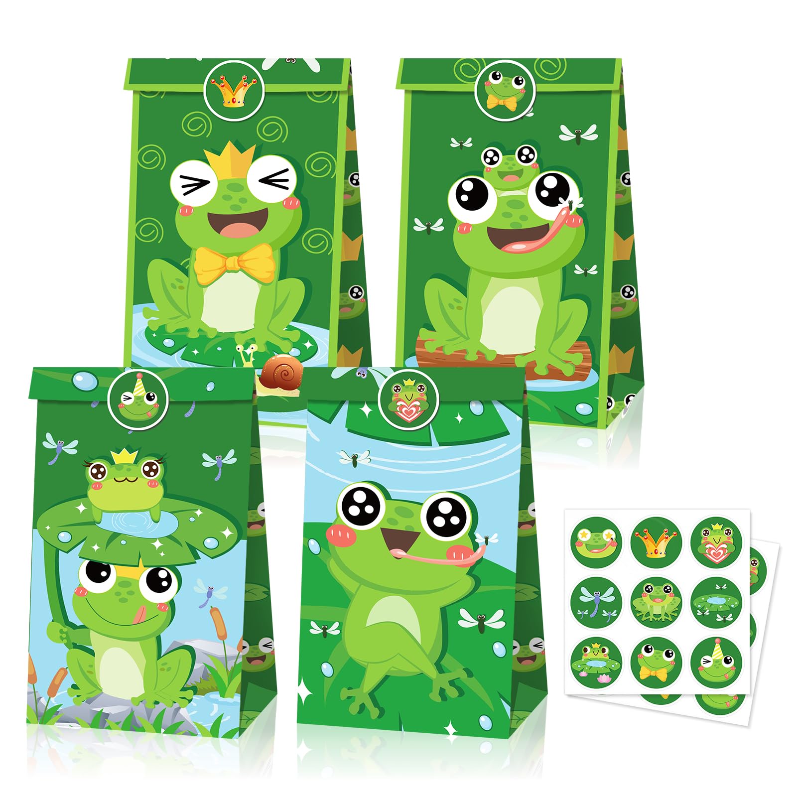 12Pcs Frog Party Favor Bags with 18pcs Stickers Set, Double-Sided Cute Princess Frogs Goodie Candy Treat Sweet Paper Gifts Bags for Girls Boys Animal Theme Birthday Baby Shower Decorations Supplies