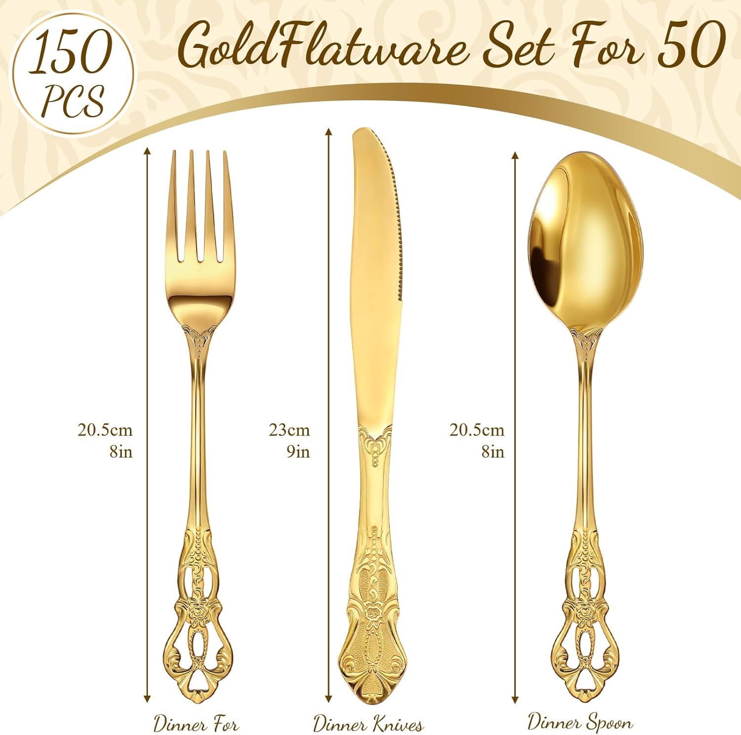 Dandat 150 Pieces Retro Royal Gold Silverware Set Gorgeous Stainless Steel Flatware Cutlery Include Fork Spoon Knife Vintage Hollow Relief Design for Home Wedding Bridal Shower Tea Parties (Large)