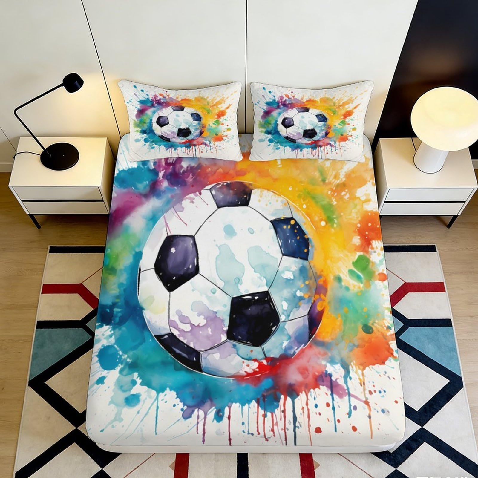3D Printed Watercolor Soccer Ball Fitted Sheet Microfiber Vibrant Artistic Mattress Cover for Bedroom Guest Room Decor, Washable 180x200x25cm