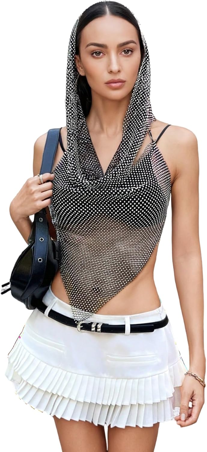 Women’s Rhinestone Fishnet Hoodie Vest Hollow Out Hooded Crop Top Knit Pullover Streetwear