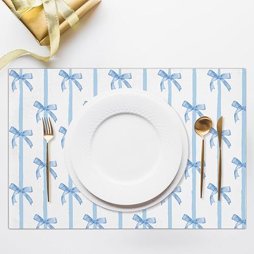Miniatura 4 de Juego de 4 manteles individuales con lazo azul, 12 x 18 pulgadas, impermeables, lavables, resistentes al calor, manteles individuales para comedor,