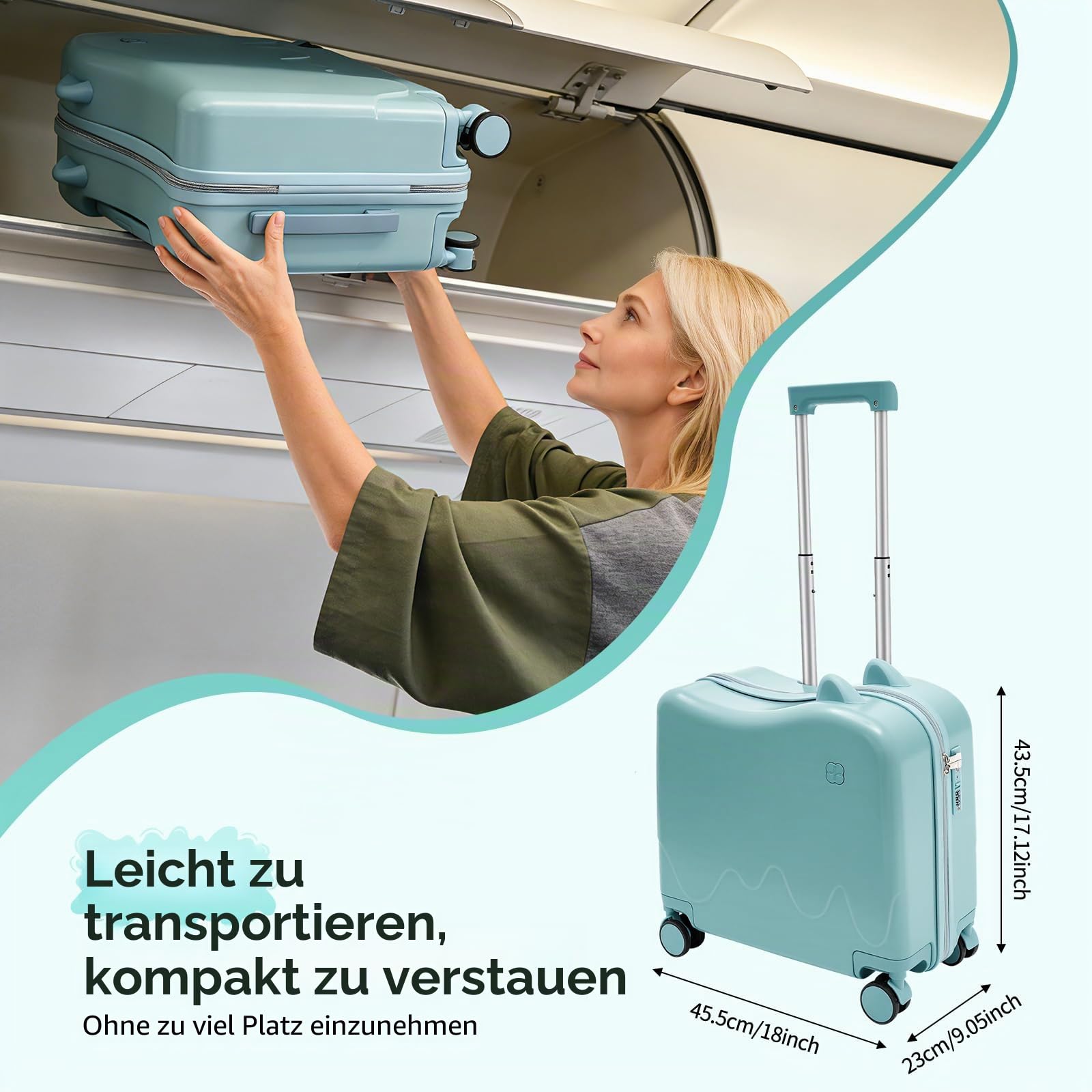 18 Zoll Kinderkoffer zum Draufsitzen, Kindertrolley Kindertrolley Kinder Reisekoffer mit Zugstange und Passwortschloss Rollkoffer Kinder Koffer für 3-6 Jahre Mädchen & Jungen 37L (Himmelblau)