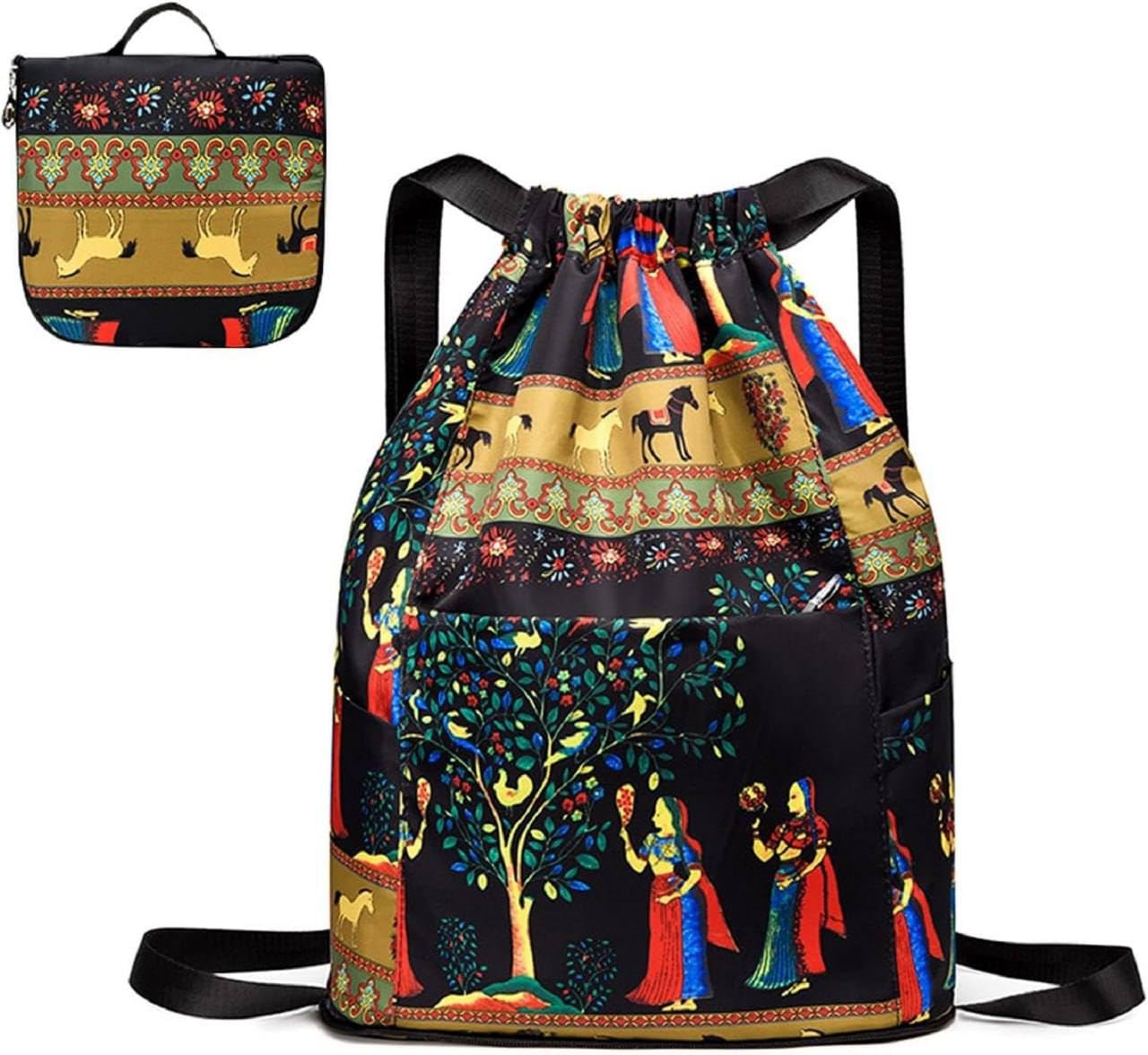 CASAZENITH Backpack for Women & Girls, Traditional Rajasthani Print Sling Bag with Adjustable Shoulder Strap, Foldable Multipurpose Travel Bag, Front Pocket for Shopping, College, Office, Daily Use-picture-49