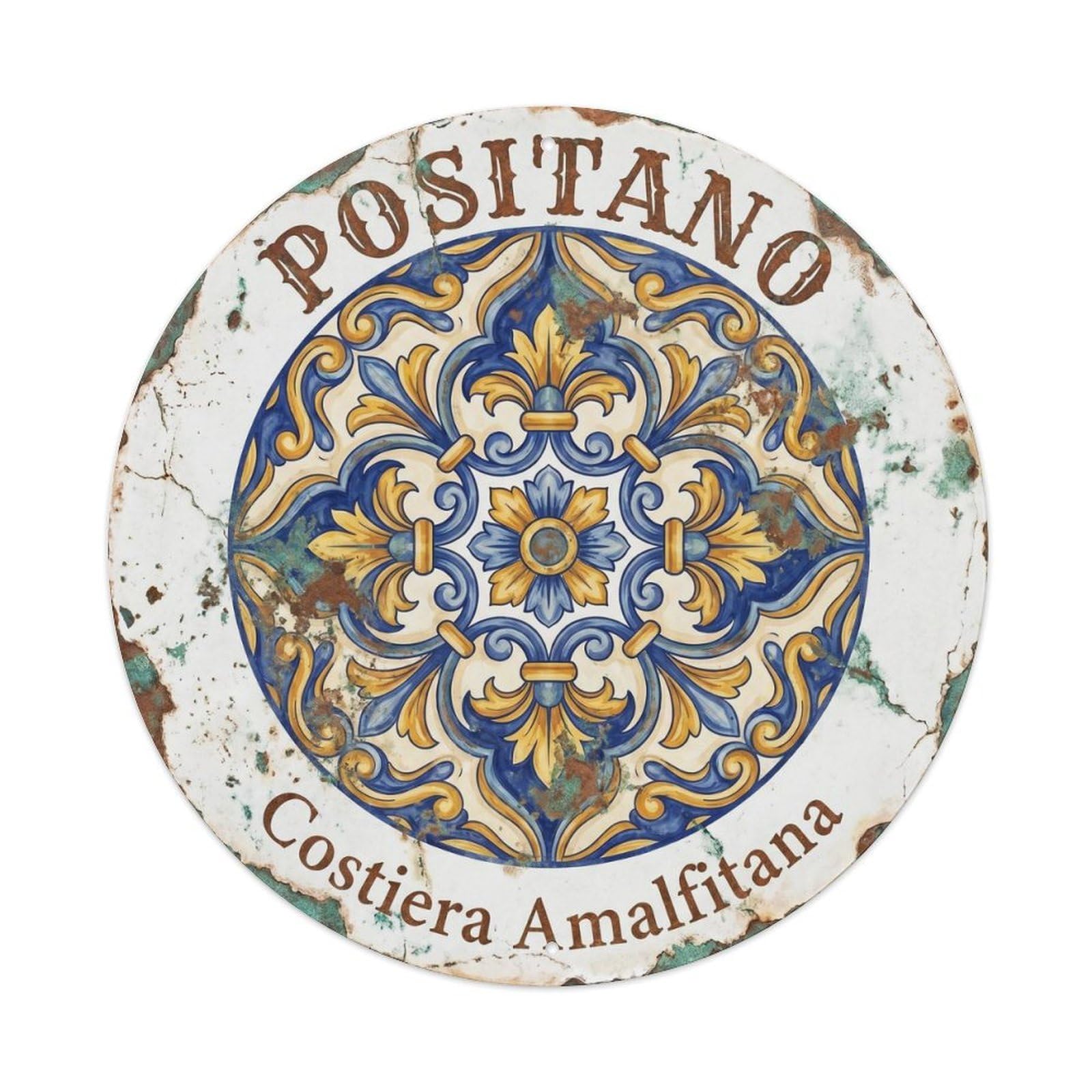 Positano Italian Emblem Coastal Italy Amalfi Coast Metal Tin Sign Plaque Wall Decor for Cafe, Man Cave, Club Bar, Office, Home Garden Round Metal Poster 8x8Inch