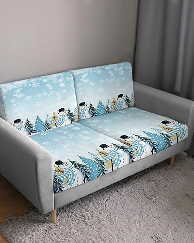 Miniatura 3 de Fundas de cojín de Navidad color azul degradado para sofá, funda elástica para sofá con parte inferior elástica, diseño de muñeco de nieve, copo de