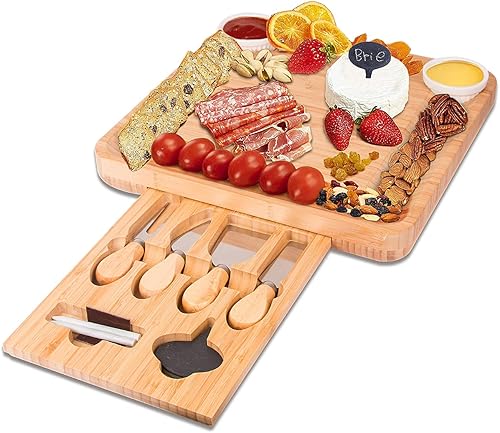 Juego de tablas de queso y cuchillos de bambú, juego de tablas de embutidos con cubiertos en cajón deslizante, tabla de cortar de queso, bandeja