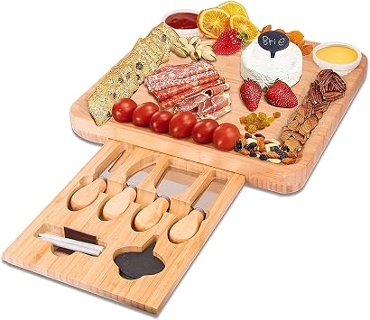 DUNCHATY Bamboo Cheese Board Set - Charcuterie Board with Slide-Out Drawer, Cutlery, and Accessories - Rustic, Brown, Rectangular, Dishwasher Safe - Perfect for Picnics, Weddings, and Entertaining