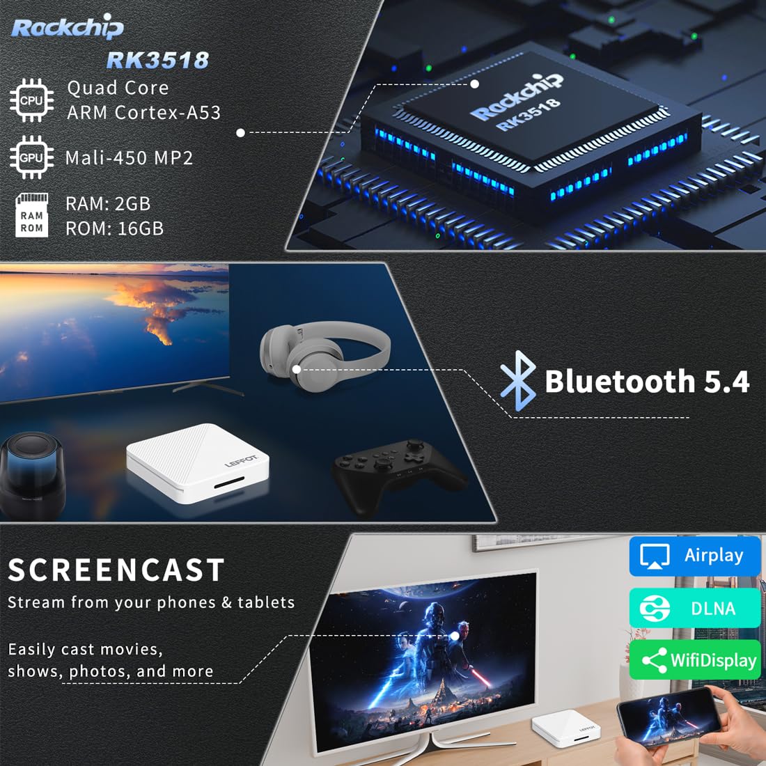 Android 14.0 TV Box 2025, LEFFOT RK3518 4K Ultra HD dispositivo de transmisión para TV, 2 GB de RAM 16 GB de ROM, caja de TV inteligente con control remoto de