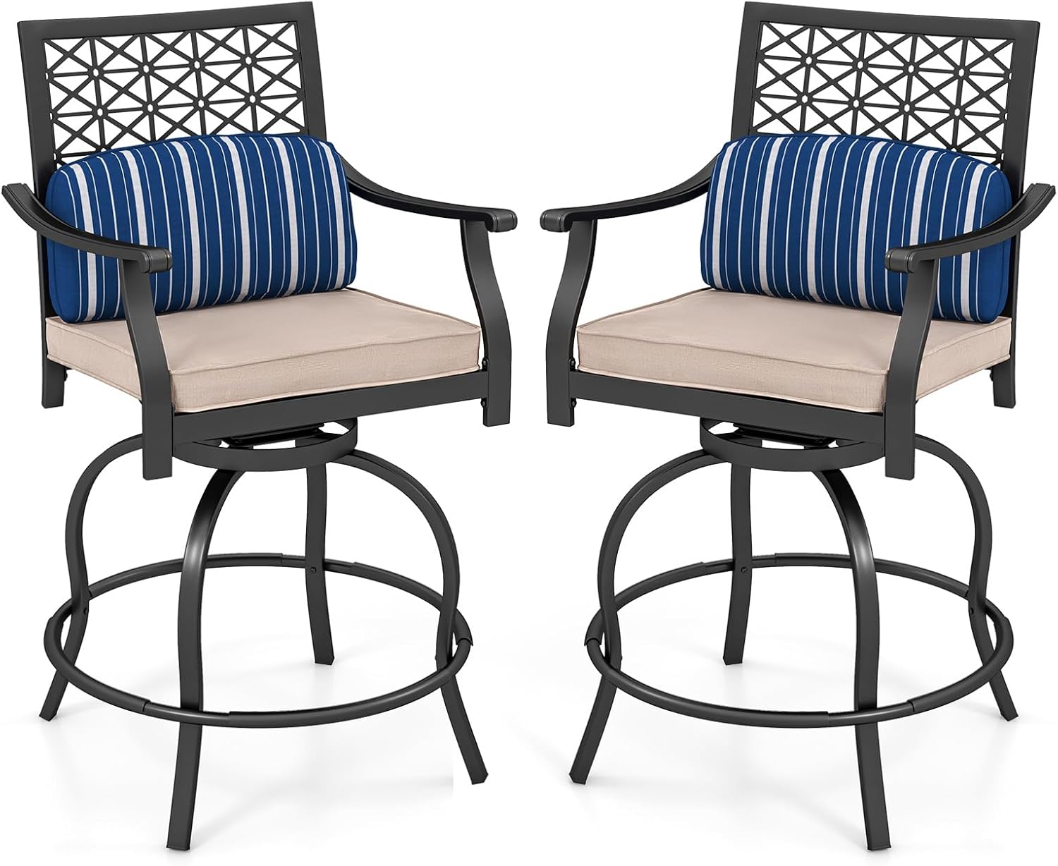 Giantex Outdoor Bar Stools Set of 2, Metal Patio Bar Chairs with Cushion & Lumbar Pillow, 360 Swivel Counter Height Swivel Outside Barstools for Porch Yard Cafes Bistro