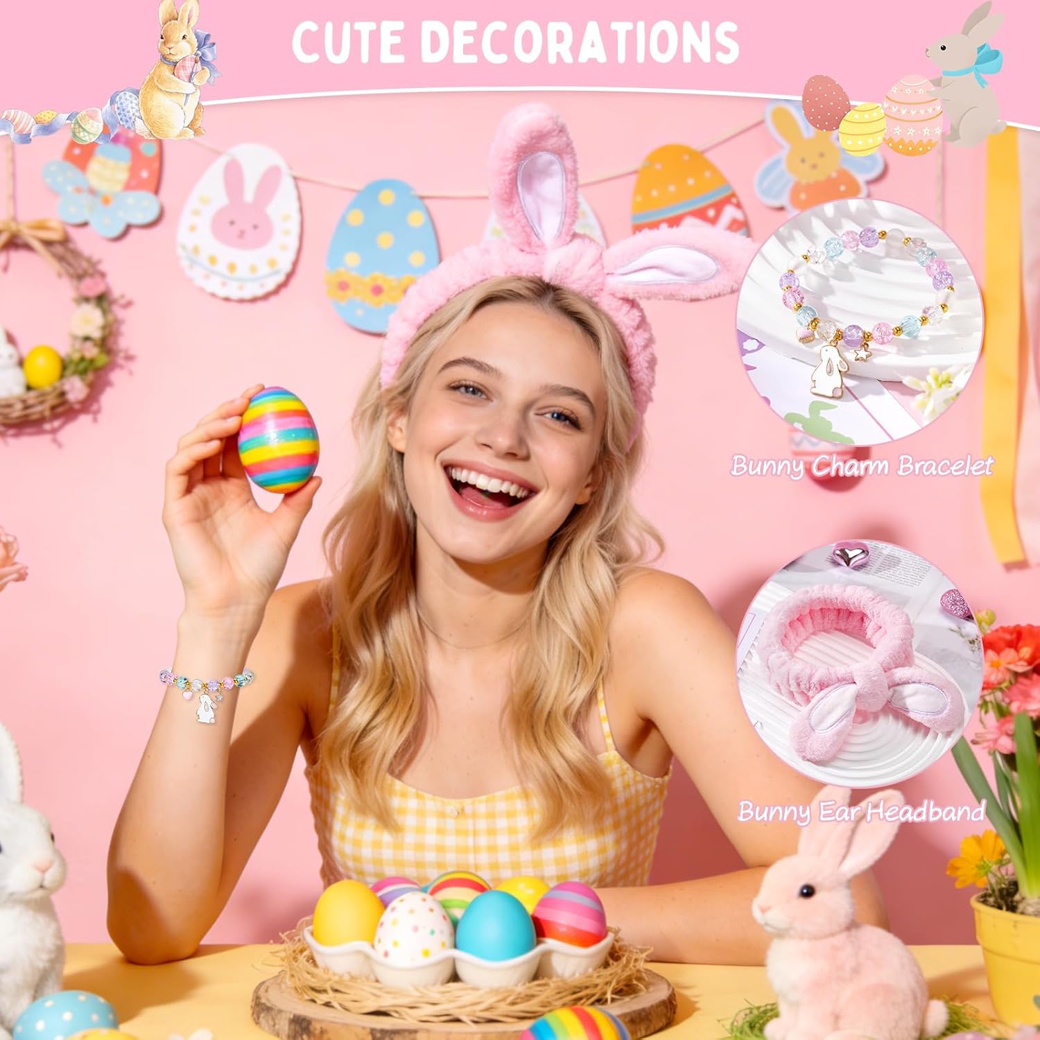 Easter Gifts for Women & Teens, Prefilled Easter Basket Stuffers Essentials for Adults & Teen Girls with Bunny Glass Cup, Scented Candle, Socks & Bracelets