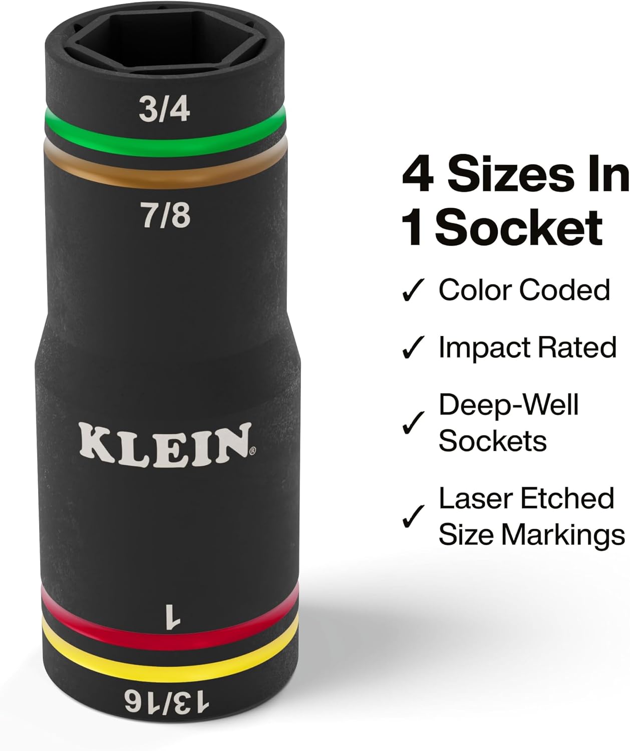 Klein Tools 6513QS KNECT Impact-Rated Quad Socket Set, 4-In-1 Flip Socket Driver, Color-Coded, Heavy-Duty Multi Tool, 3/8-Inch Drive, SAE 3/4-Inch, 13/16-Inch, 7/8-Inch, 1-Inch, Multi-Purpose Adapter