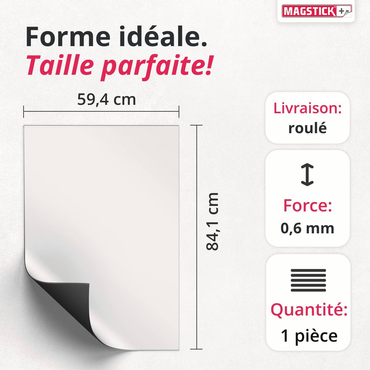 ferrofolie autocollante pour tableau blanc I DIN A1 I flexible, réinscriptible et effaçable I surface magnétique pour aimants I couleur blanche I mag085