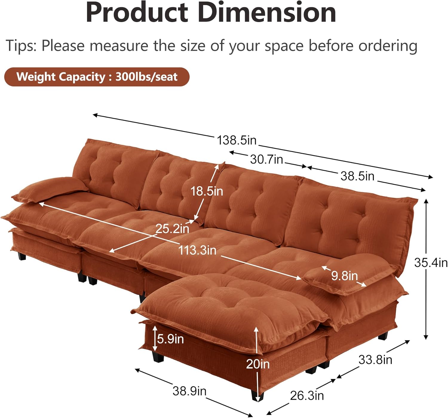 Oversized Modular Sectional Sofa with Reversible Ottoman, 138" Wide L-Shaped Chenille Cloud Couch for Living Room, Deep Seat Furniture Set with Detachable Pillow Armrest and Thickness Cushions | Free Combination, Tufted