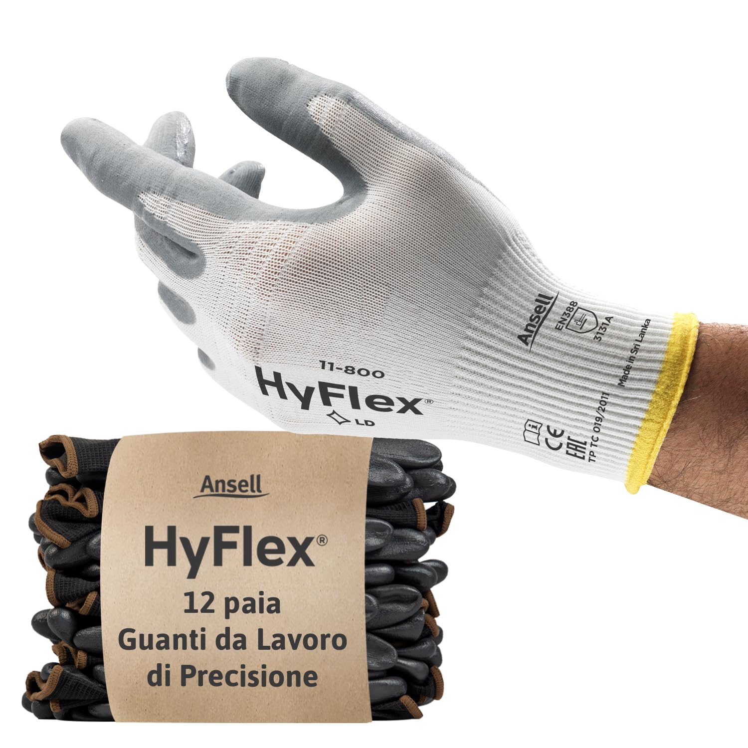 Ansell HyFlex 11-800 Guanti da Lavoro Professionali, Rivestimento in Nitrile Resistente all'Abrasione, Protezione Professionale per Usi Generali e Meccanici, Bianco, Taglia M (12 Paia)