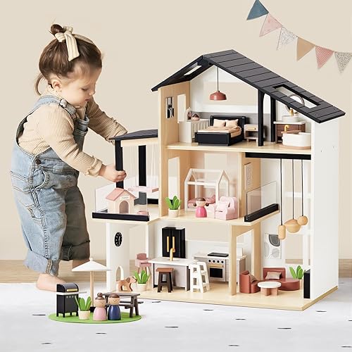 Miniatura 1 de Tiny Land Casa de muñecas, casa de muñecas familiar moderna con diseño realista, casa de muñecas de madera con muebles de 53 piezas, regalo ideal