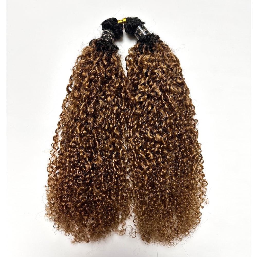 #1B/30 Colored Feather Crochet Human Hair Two-tone Color Multi-Textured Kinky Curly Crochet Hair Extensions Omber Color Black Roots Reusable 18in 120g(Usually 240g Full Head)