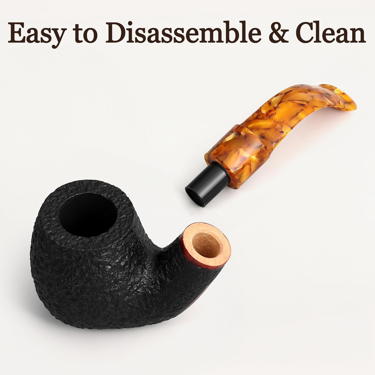 Briar Tobacco Pipe Rustic Finish - Handmade Calabash Flat Base Wood Pipe with Amber Stem - Vintage Style Collectible Gift for Men Smoker with Gift Box & Pouch