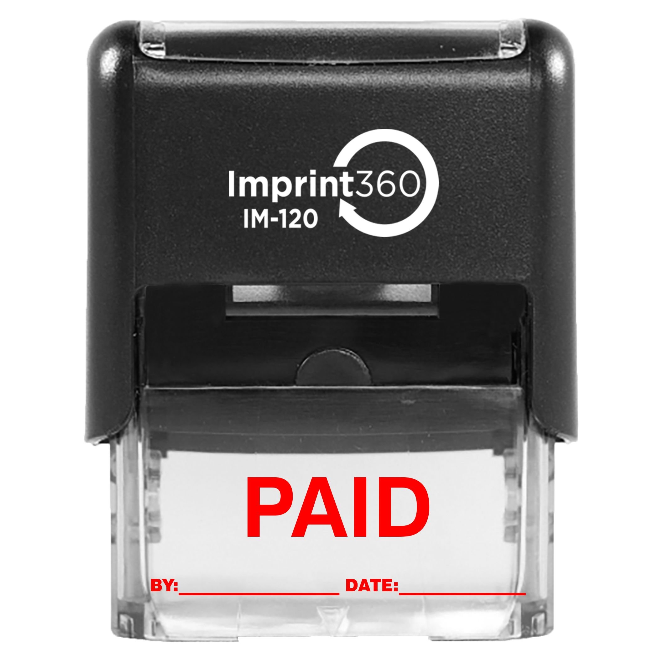 Supply360 AS-IMP1101R - Sello de pago con por: & Fecha:, tinta roja, sello de goma autoentintado comercial resistente, impresión de 9/16 "x 1-1/2"