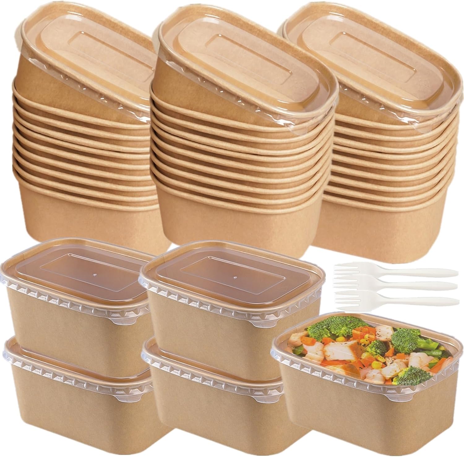 50 Pack Disposable Kraft Paper Bowls with Lids, 33 OZ Meal Prep Container, Microwave Freezer Safe Salad Bowls with Forks for Hot/Cold Food, Soup, Ice Cream, Takeout, Party Supplies