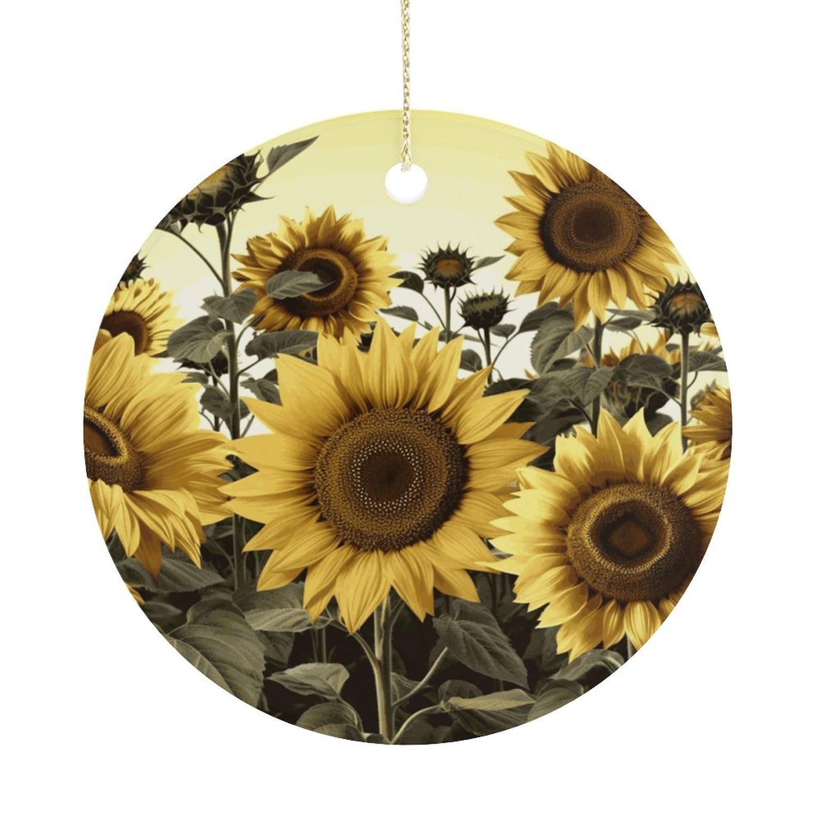 Yellow Sunflower Floral Christmas Ornament,Round Ceramic Ornaments Personalized Christmas Tree Ornament for Holiday Porcelain Keepsake Gifts Ideas Home Decor