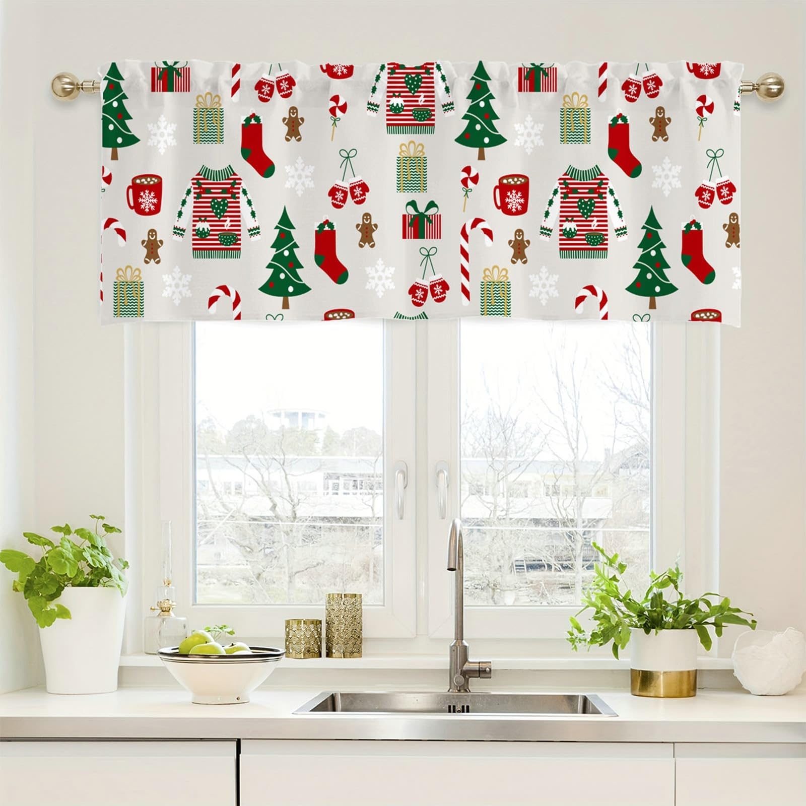 Cortinas opacas de cocina 45 x 152 cm con estampado navideño rojo y verde