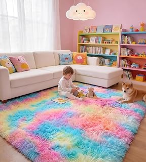Teppich Wohnzimmer 120 x 160 cm Regenbogen | Hochflor, Waschbar, OEKO-TEX Zertifiziert, 35D Rückprallschaum, Schlafzimmer, Rutschfeste Unterseite, Flauschig