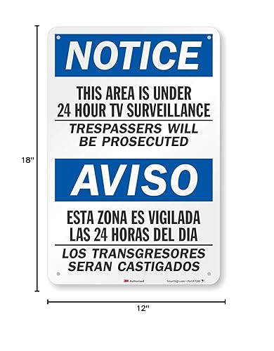 Miniatura 7 de SmartSign Letrero bilingüe con texto en inglés "This Area is Under 24 Hour Surveillance Trespassers Will Be Prosecuuted"  Plástico de 10 x 14