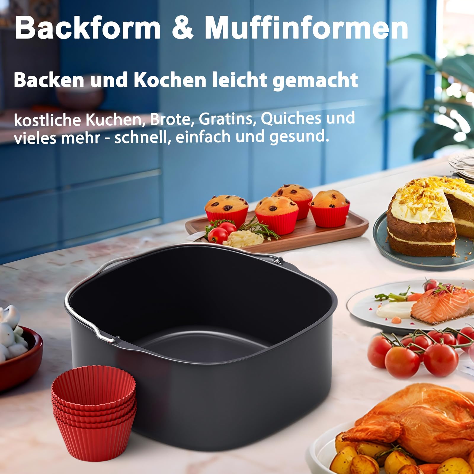 Heißluftfritteuse Zubehör für Philips Airfryer 3000-5000 Serie 9L | Faltbar Silikonform Zubehör Set, Wiederverwendbare Auflaufform Einsatz, Für Philips Dual Basket Airfryer NA350/NA550 9L