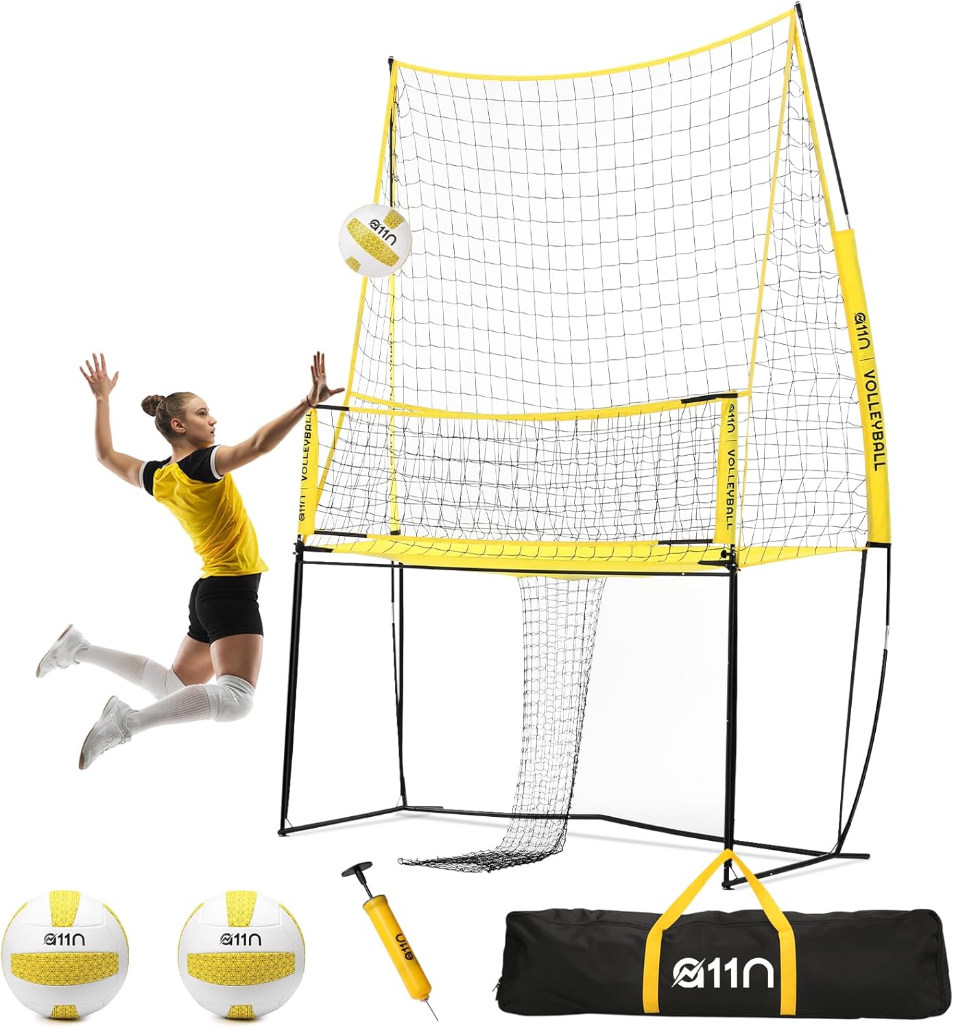 A11N Volleyball Practice Net System, Upgraded 8ft Width with Ball Return, Adjustable Height Spike Trainer with 2 Volleyballs & Pump, Portable Net for Indoor Outdoor Training
