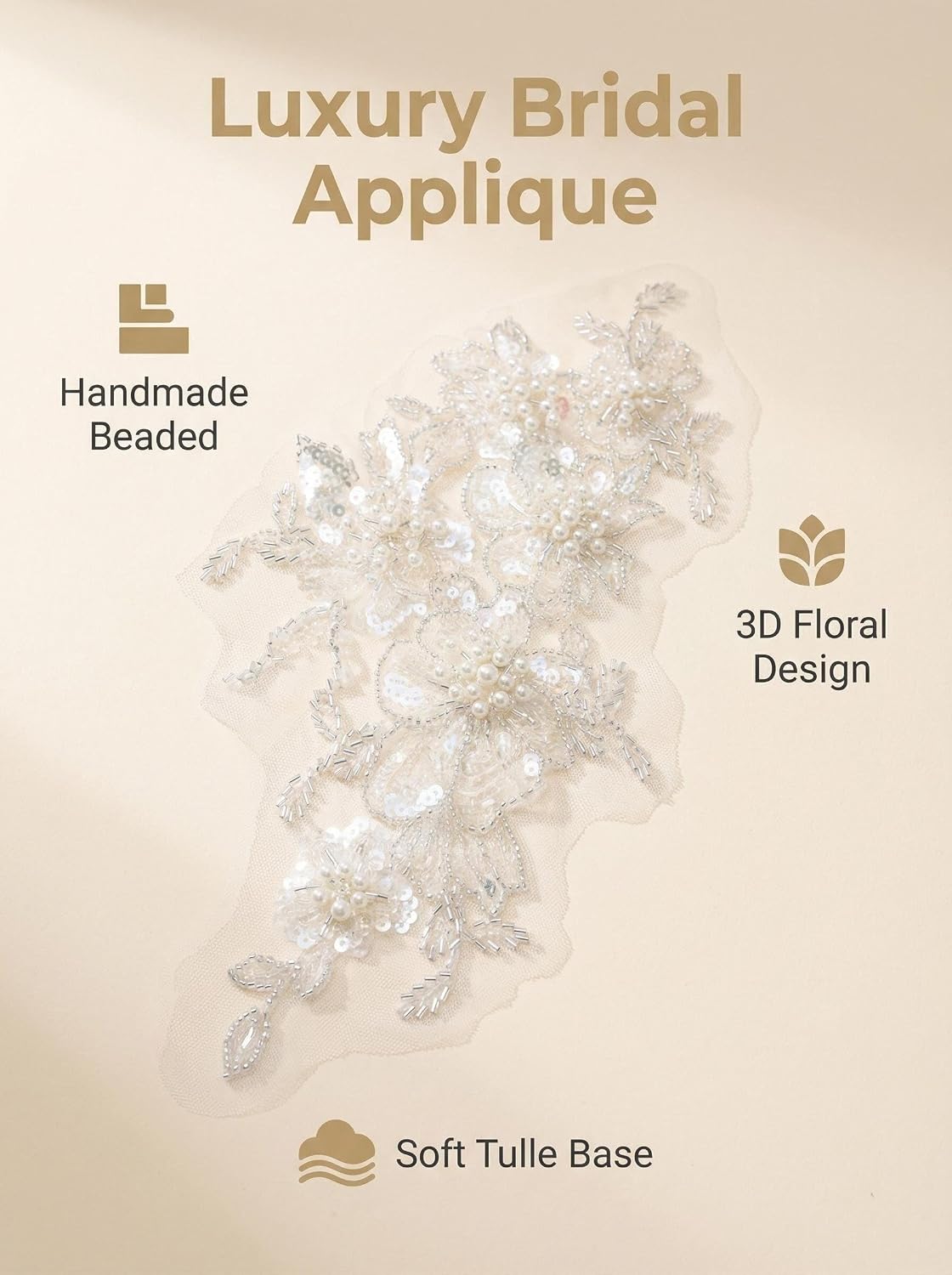 Exquisite Pearl Embroidery Lace Beaded Applique Flower Trim for Wedding Bridal Dress Party Gown Bodice Craft DIY, 1 Pair, White