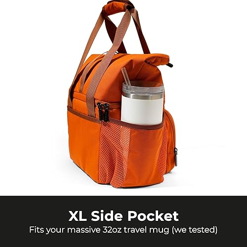 Miniatura 7 de Lonchera aislada con doble compartimento, con 2 compartimentos a prueba de fugas y tapa enrollable, lonchera de 13 L para el trabajo (marrón naranja)